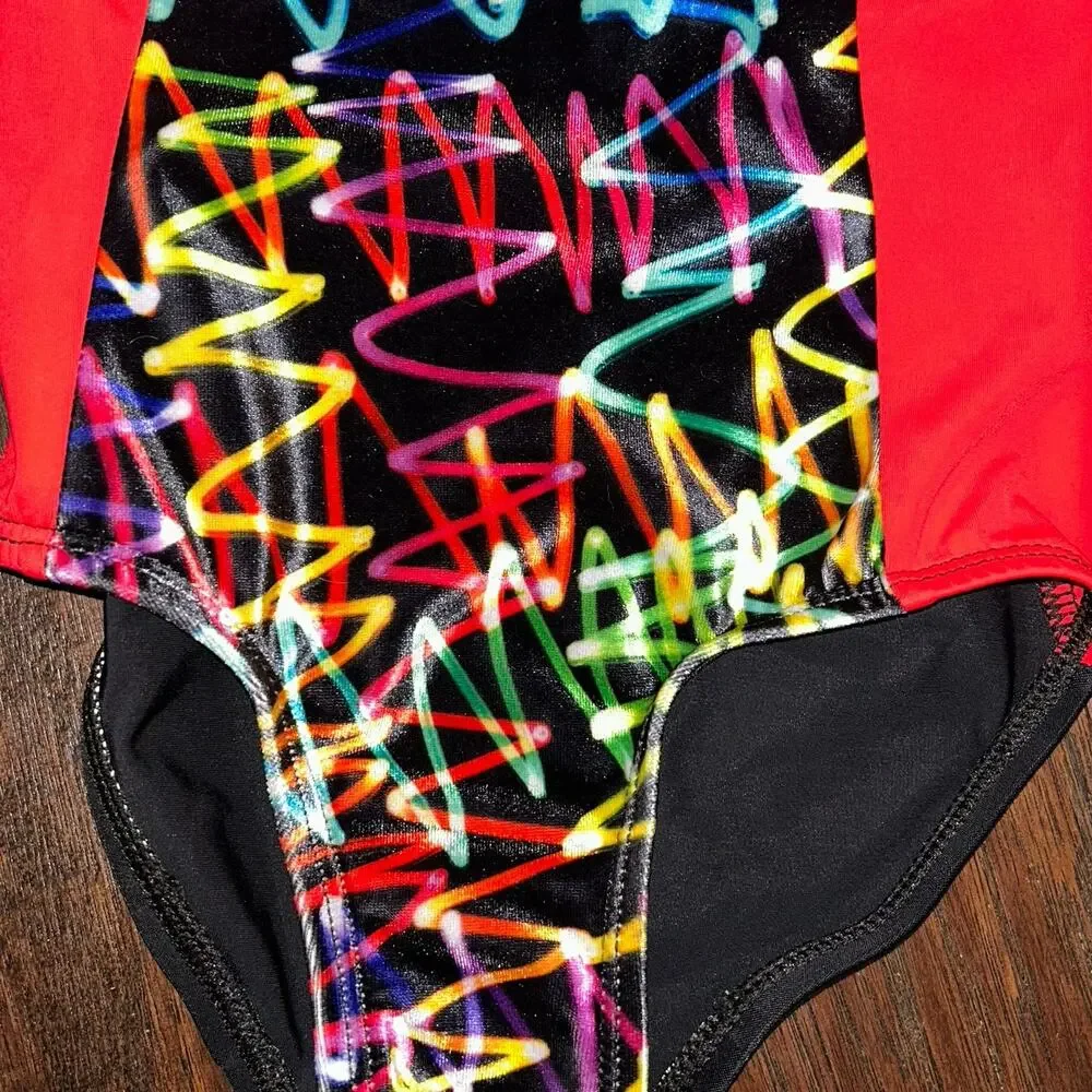GK Elite Gymnastics Leotard Red Black Multi Design Velour Panel Size TD Or CXXS